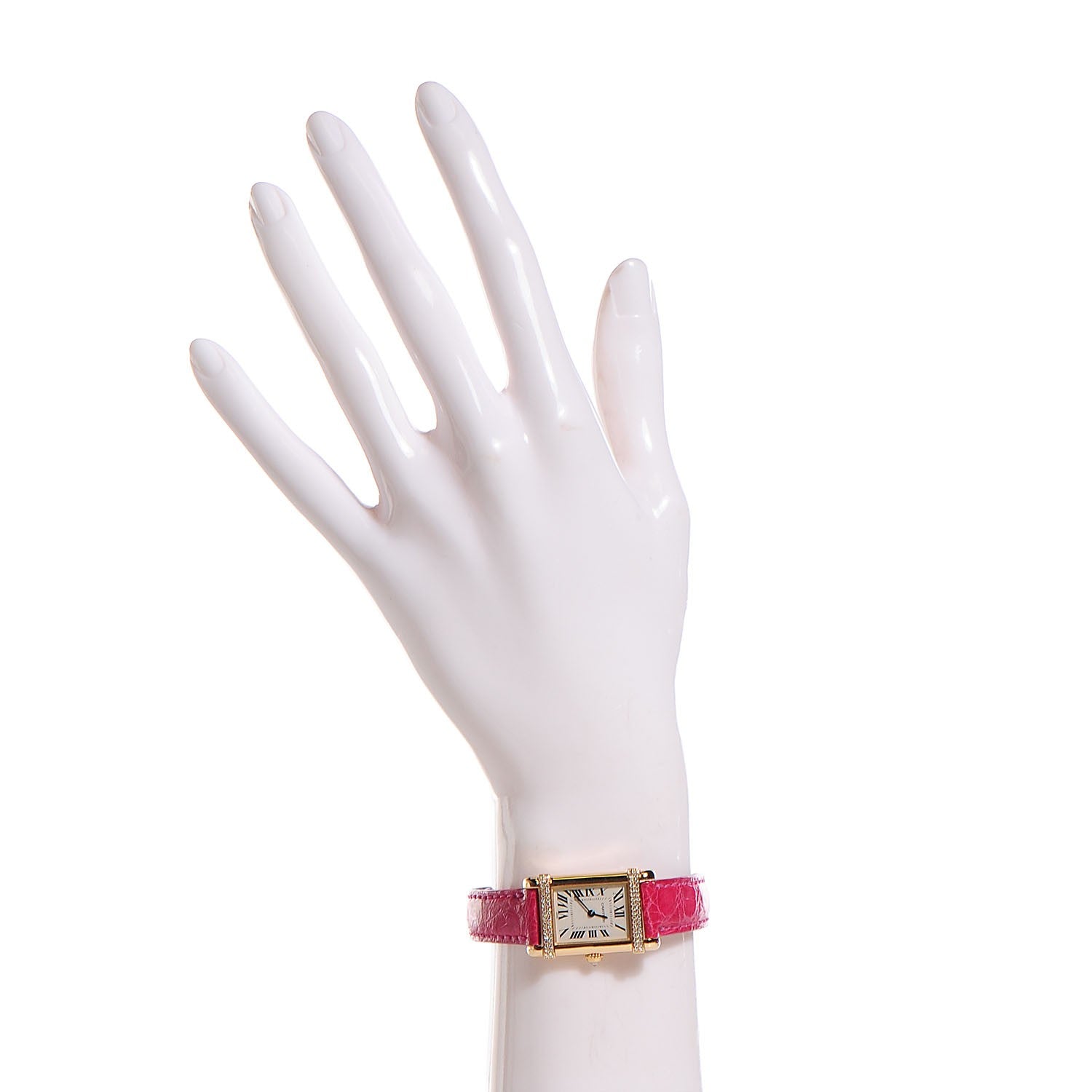 Cartier 18K Yellow Gold Alligator Diamond 20mm Tank Chinoise Quartz Watch Pink 2 of 7