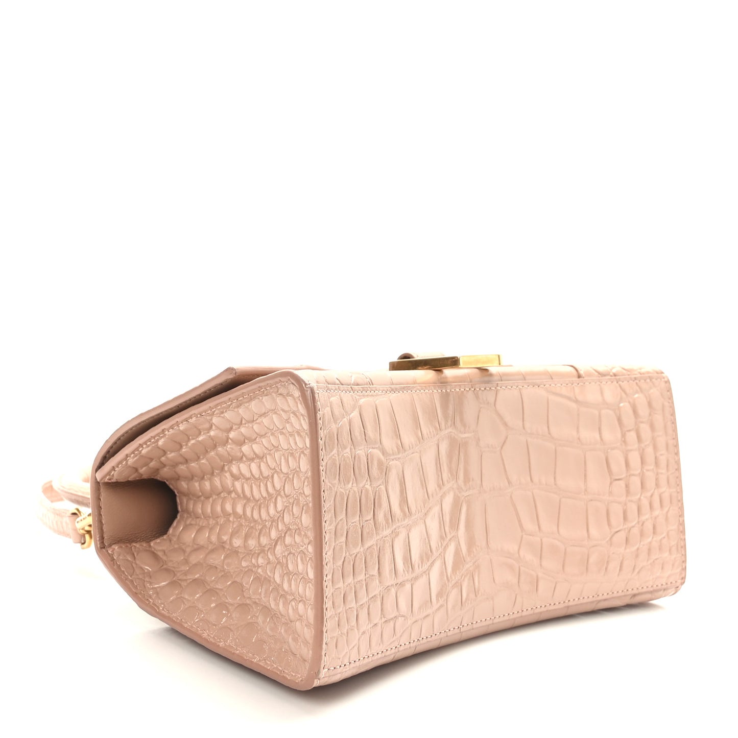 Shiny Calfskin Crocodile Embossed Small Hourglass Top Handle Bag Nude Beige