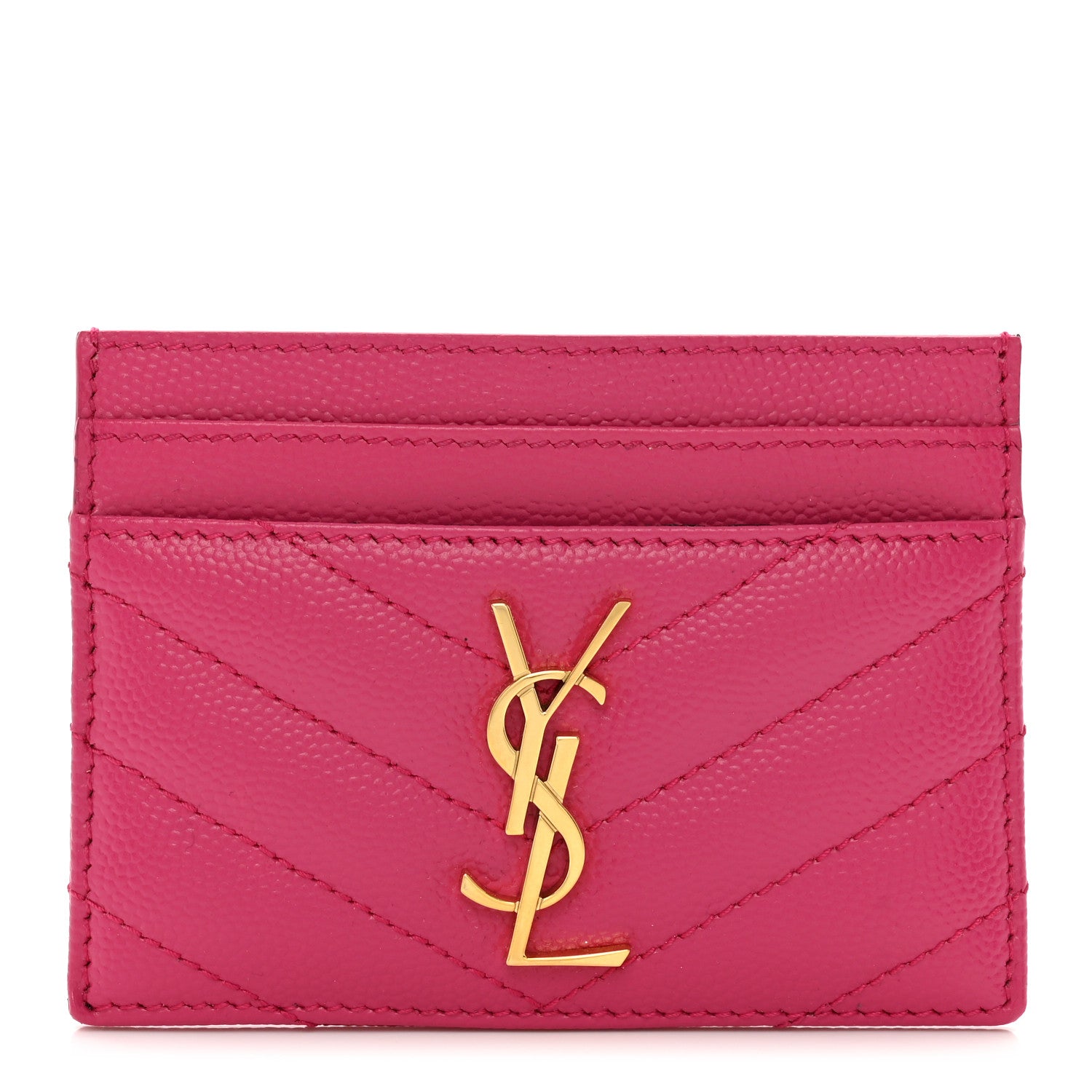 Saint Laurent Grain De Poudre Matelasse Chevron Monogram Credit Card Case Fresh Fuxia 1 of 8