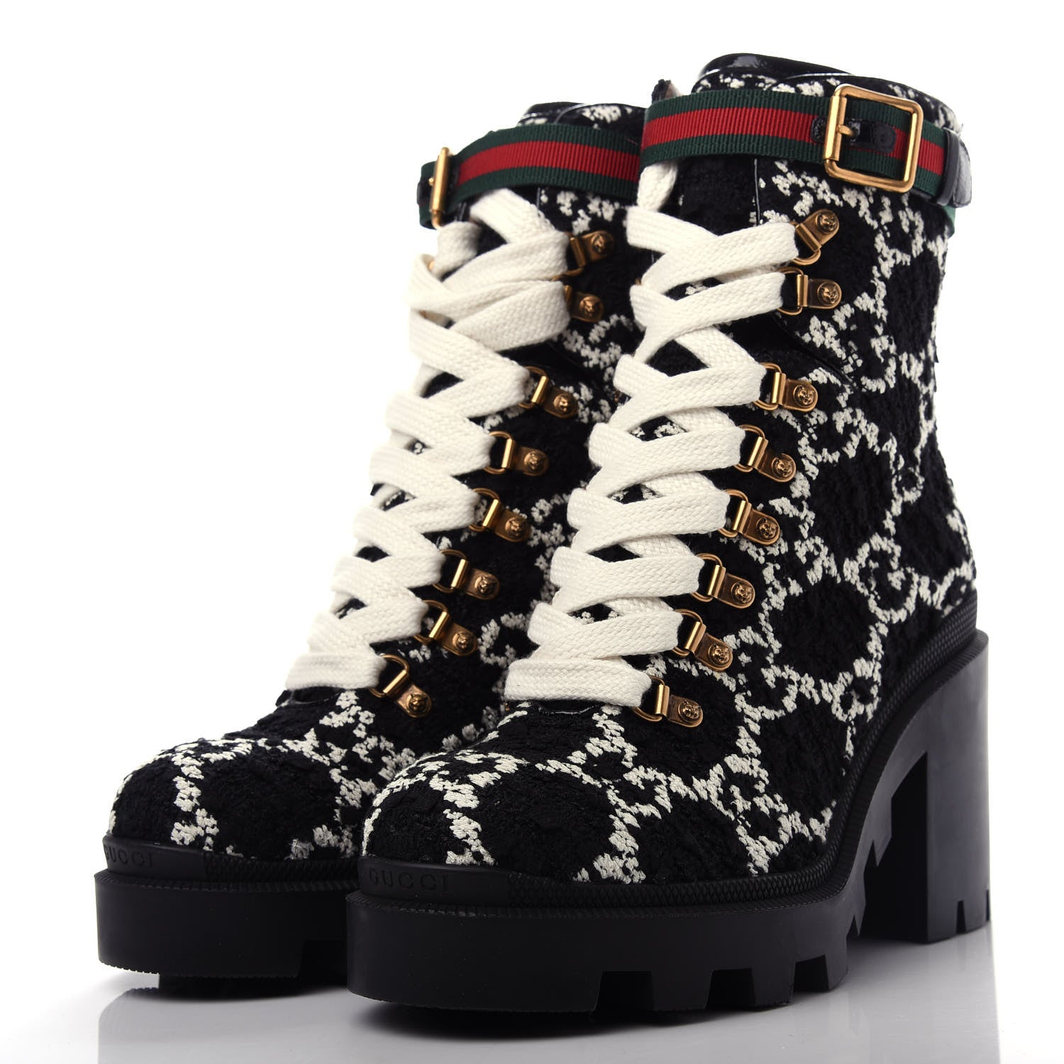 Gucci Tweed GG Monogram Lace Up Combat Ankle Boots 39 Black 3 of 11
