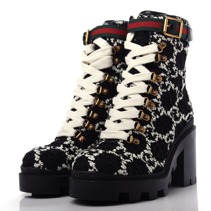 Gucci Tweed GG Monogram Lace Up Combat Ankle Boots 39 Black 3 of 11