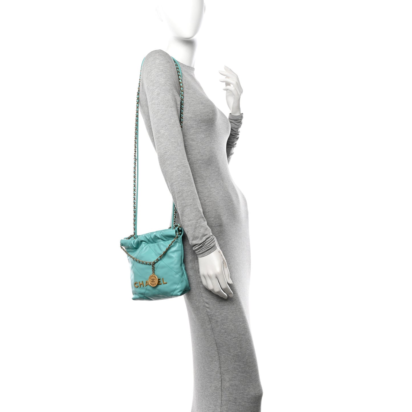 Shiny Calfskin Quilted Mini Chanel 22 Turquoise