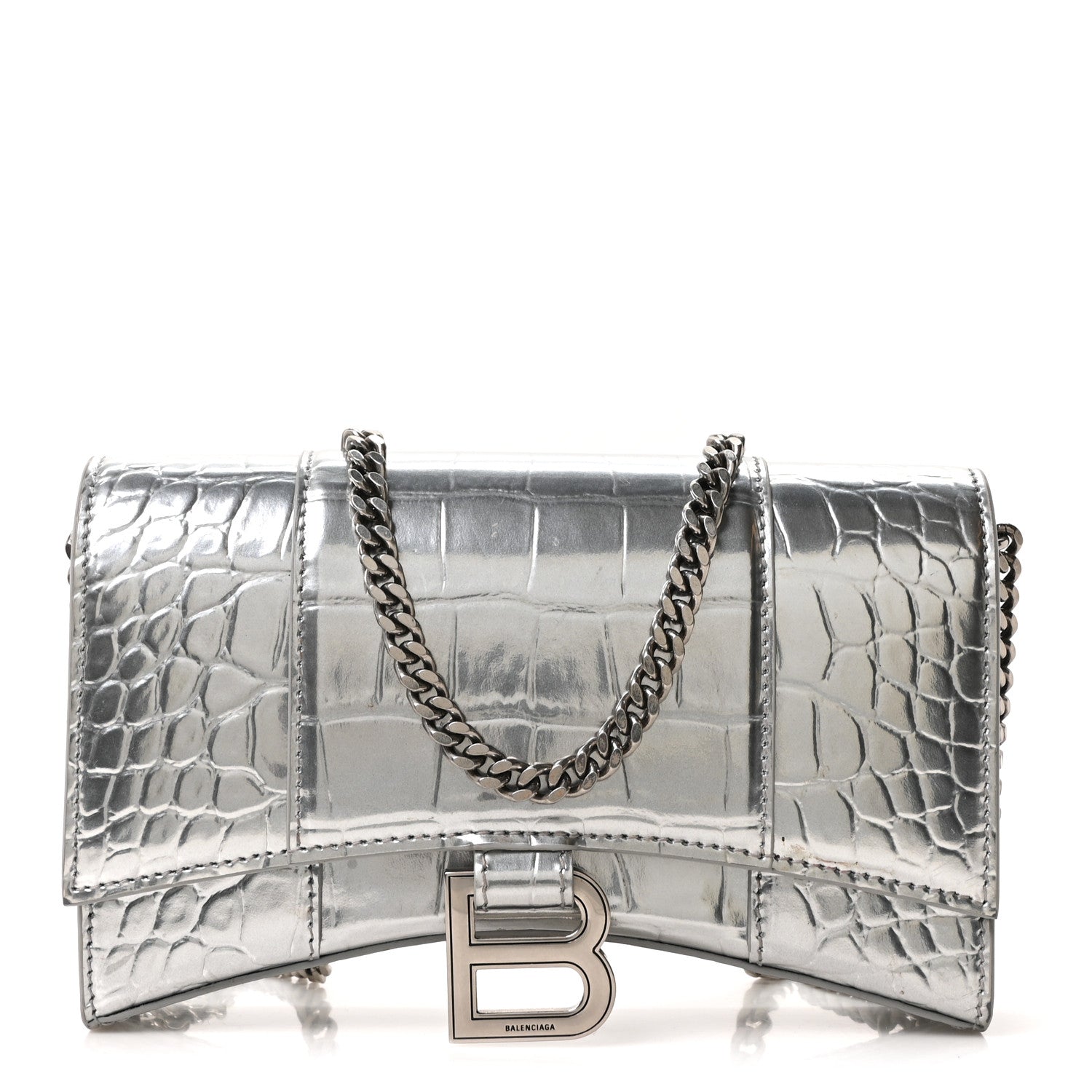 Balenciaga Metallic Calfskin Crocodile Embossed Hourglass Chain Bag Silver 1 of 8