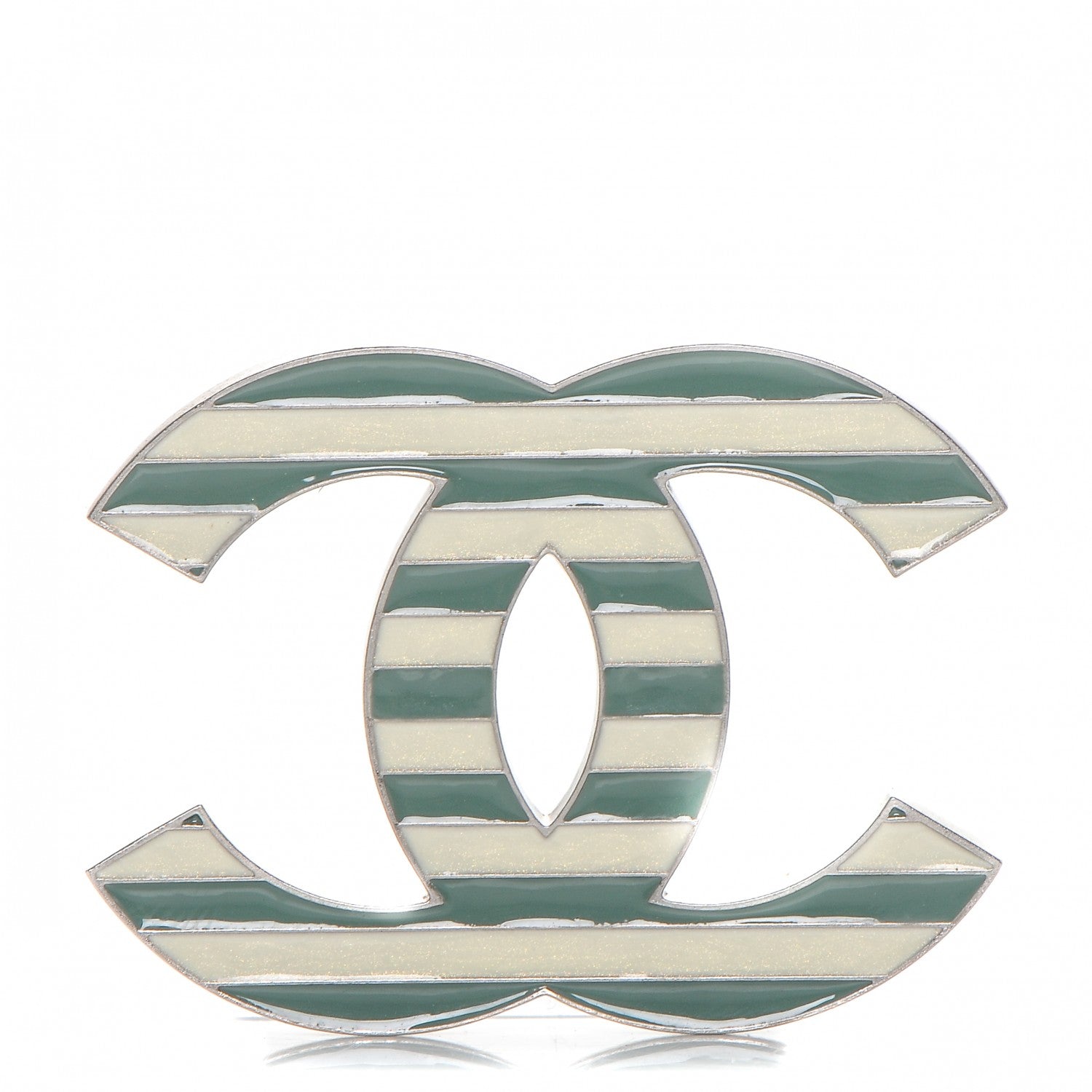 Chanel Enamel Striped CC Brooch Green Silver 1 of 4
