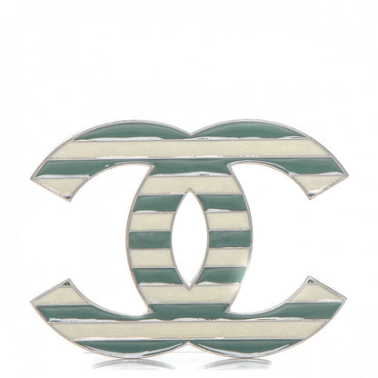 Chanel Enamel Striped CC Brooch Green Silver 1 of 4