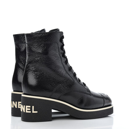 Chanel Shiny Crumpled Lambskin Lace Up Combat Boots 37.5 Black 4 of 8