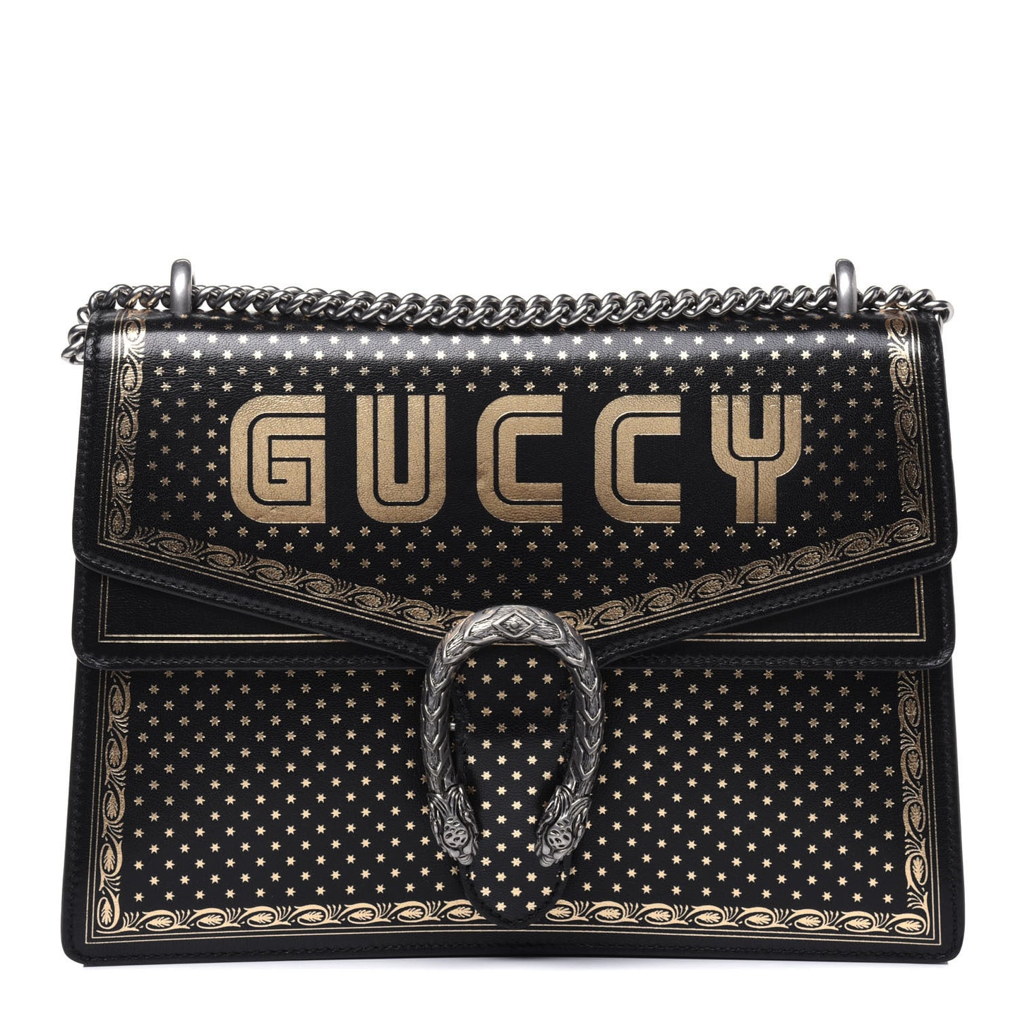 X SEGA Calfskin GUCCY Stars Medium Dionysus Shoulder Bag Black Gold