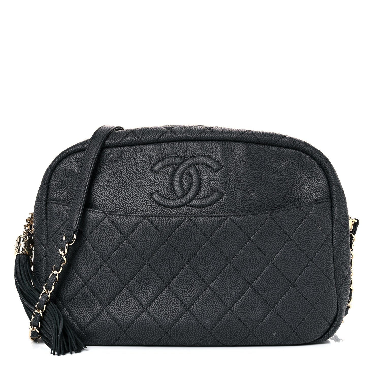 Caviar Quilted Large Coco Tassel Camera Case Black