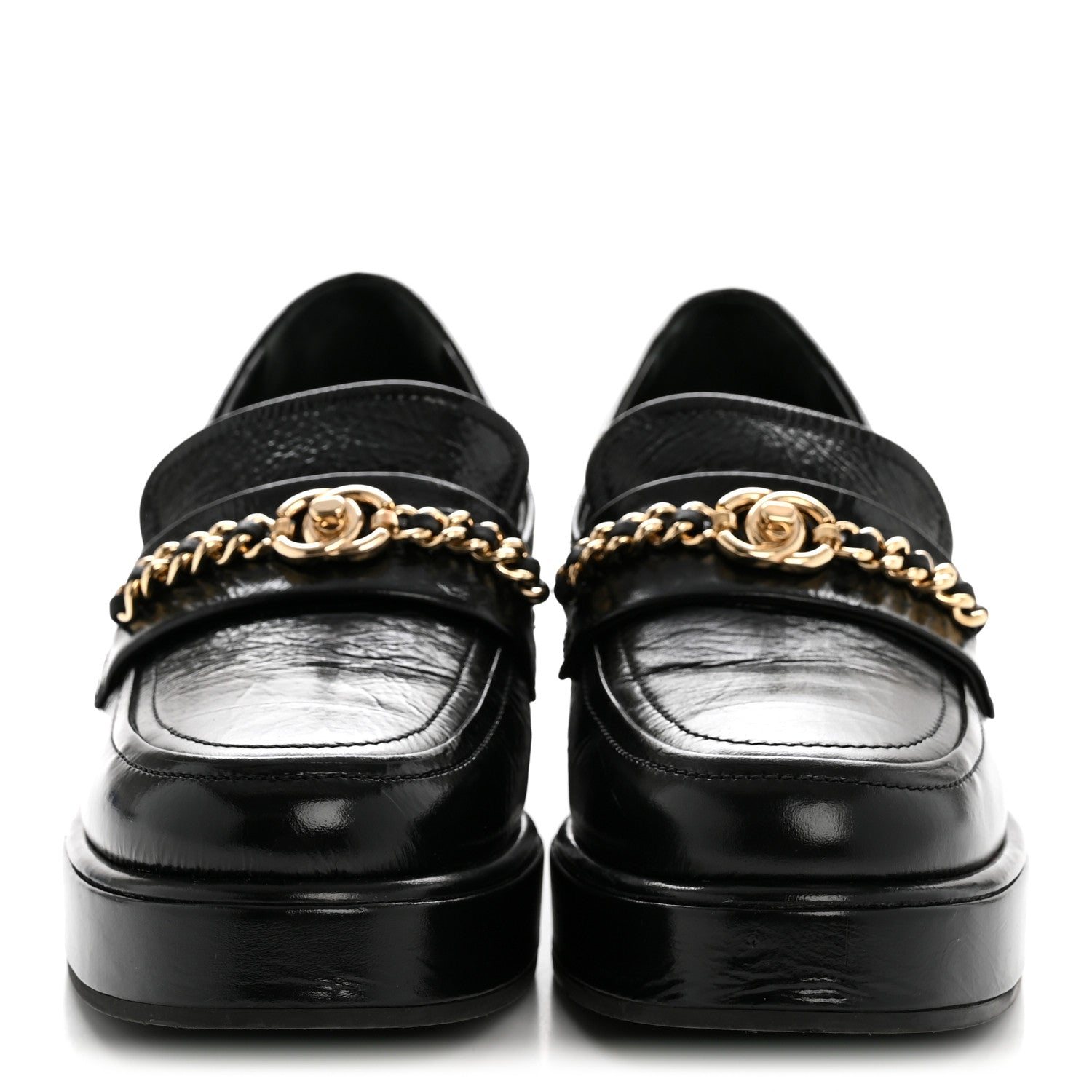 Chanel Shiny Calfskin Logo Loafers 38 Black 3 of 12