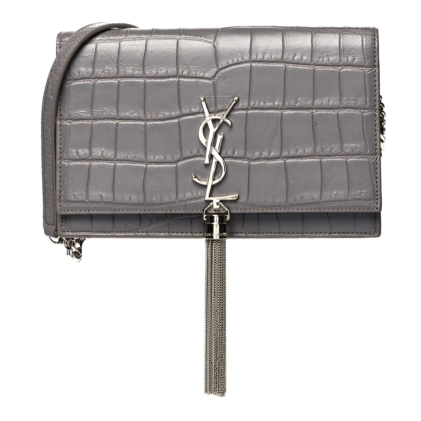 Calfskin Crocodile Embossed Kate Monogram Tassel Chain Wallet Fog