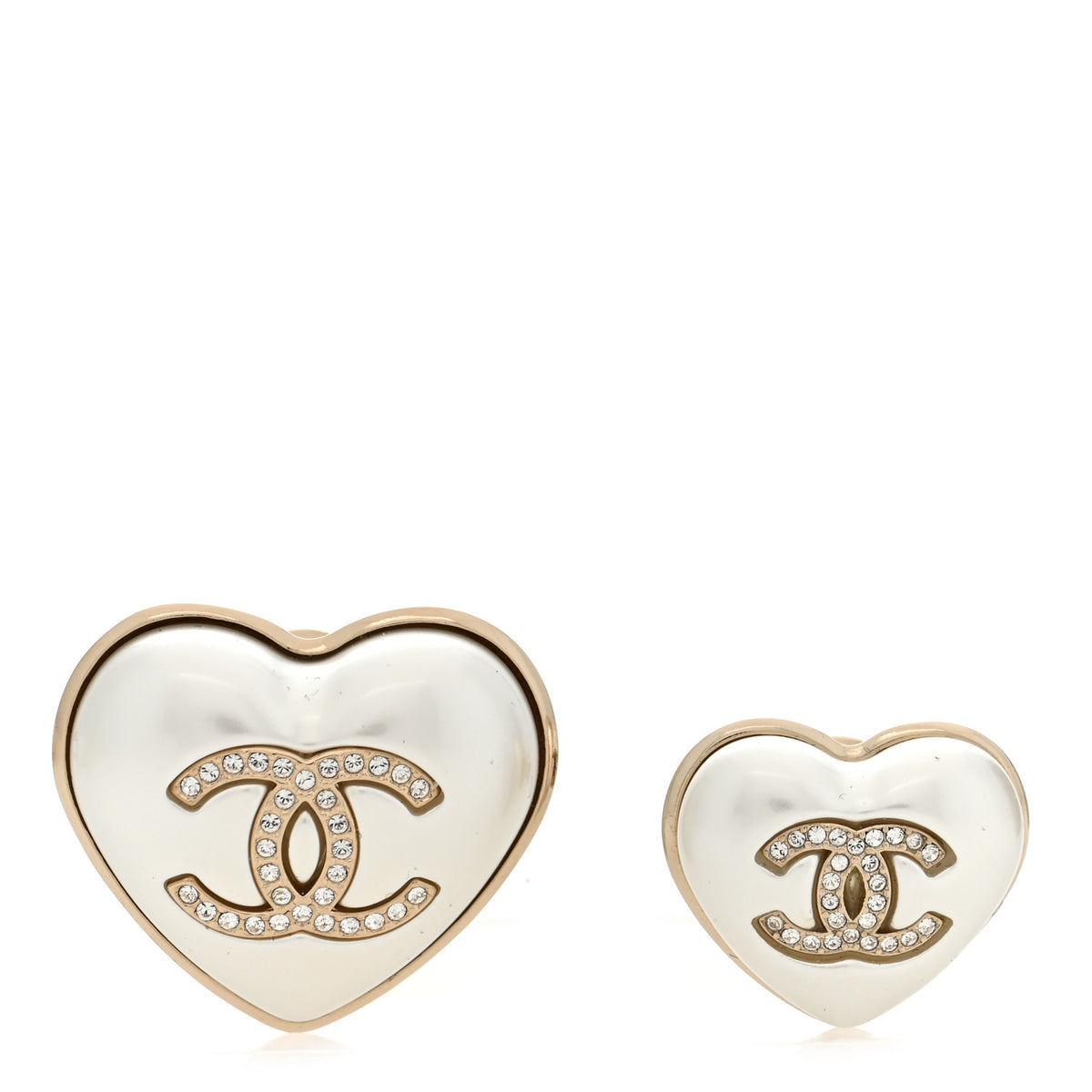 Chanel Resin Crystal CC Heart Brooch Set Pearly White Gold 1 of 4