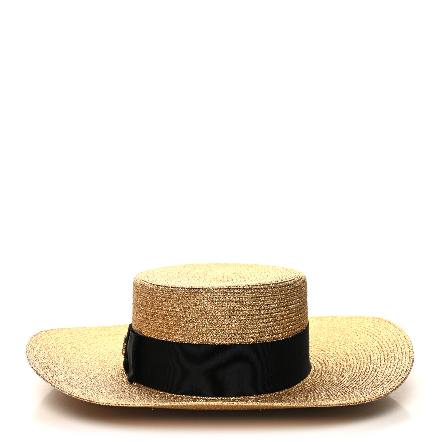 Gucci Glittered Straw Grosgrain Wide Brim Hat S Gold Black 2 of 8