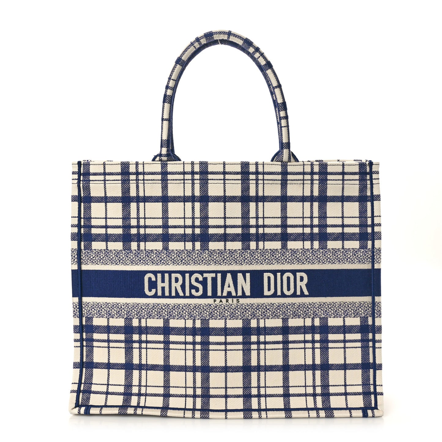 Canvas Embroidered Large Plaid Book Tote Navy