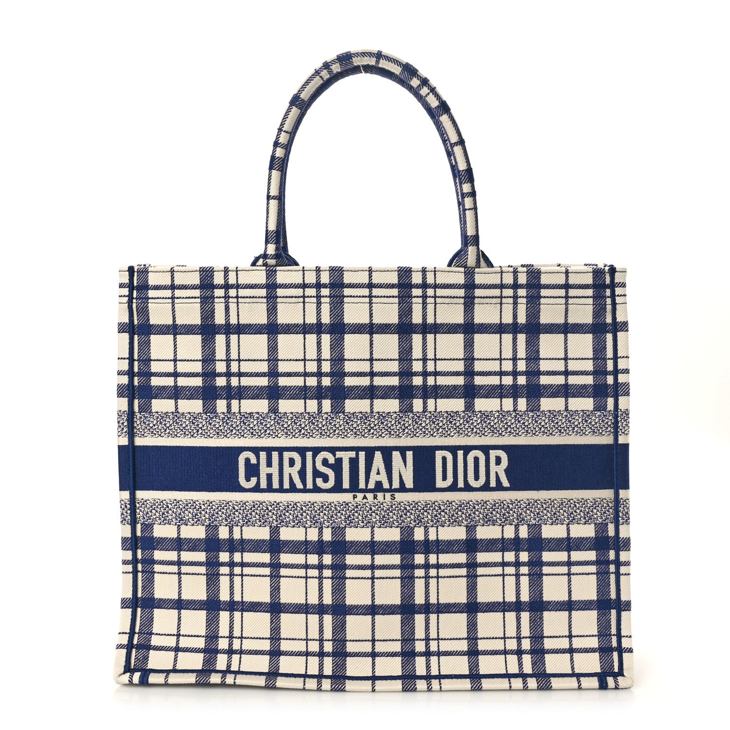 Christian Dior Canvas Embroidered Large Plaid Book Tote Navy 1 of 10