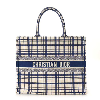 Christian Dior Canvas Embroidered Large Plaid Book Tote Navy 1 of 10