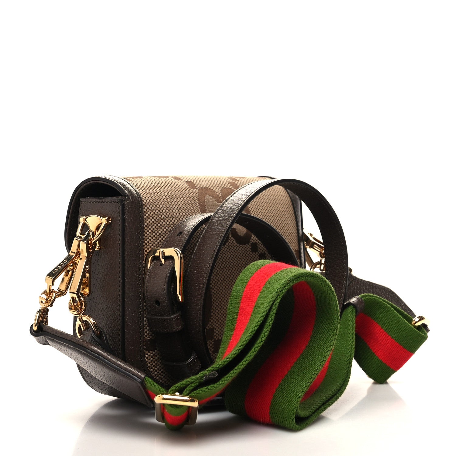 Gucci Monogram Jumbo GG Textured Dollar Calfskin Web Mini Horsebit 1955 Shoulder Bag Camel Ebony New Acero 3 of 10