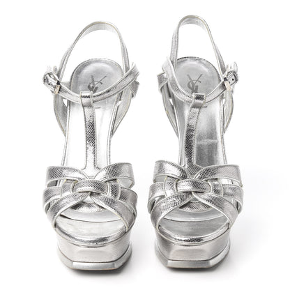 Saint Laurent Metallic Calfskin Tribute 105 Platform Sandals 40.5 Silver 5 of 11