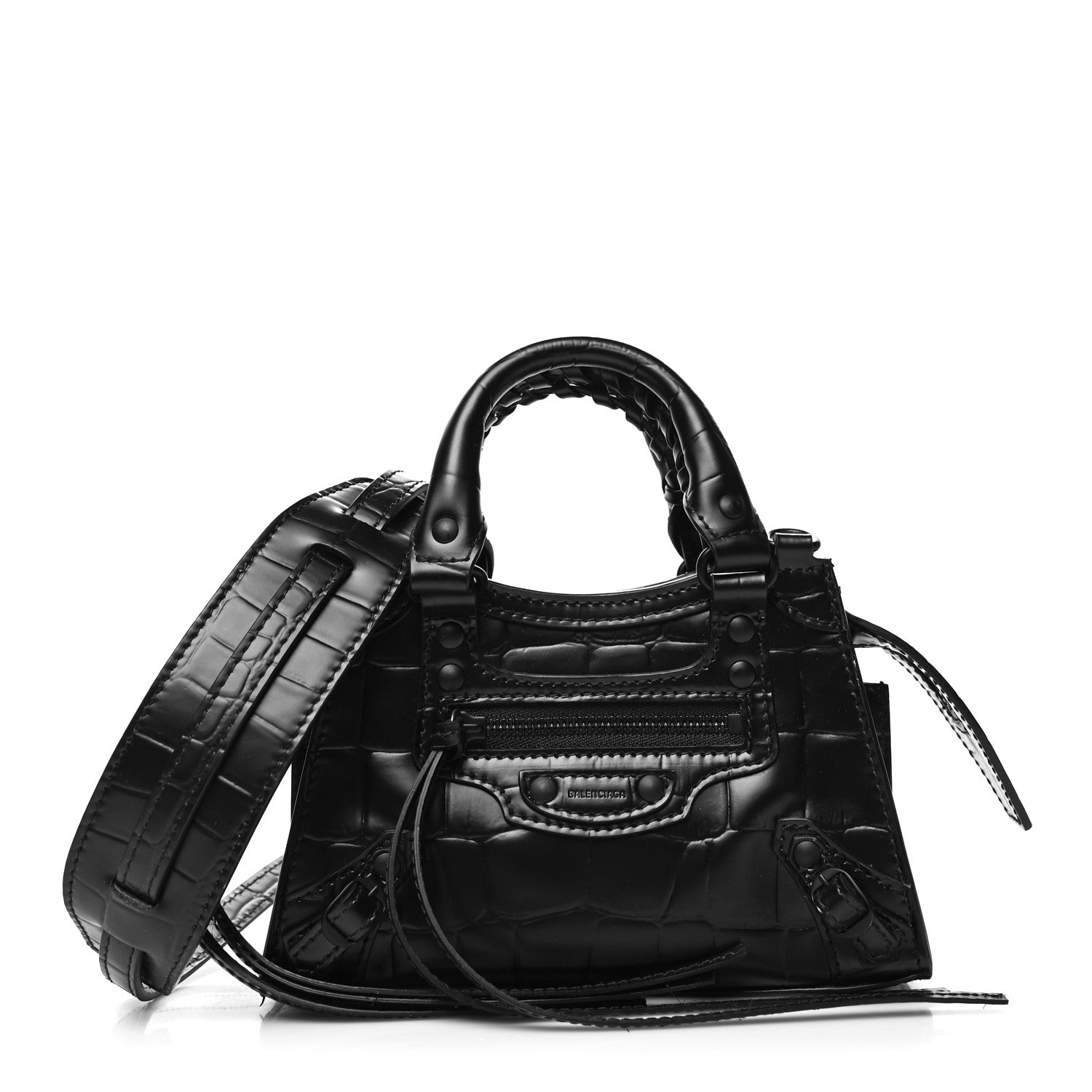 Balenciaga Semi Shiny Calfskin Crocodile Embossed Neo Classic Black Hardware Nano City Crossbody Black 1 of 9