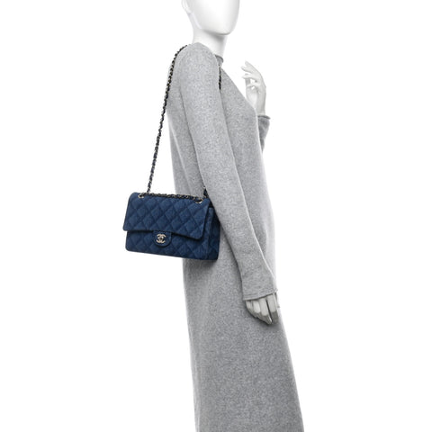 Printed Denim Quilted Medium Double Flap Dark Blue