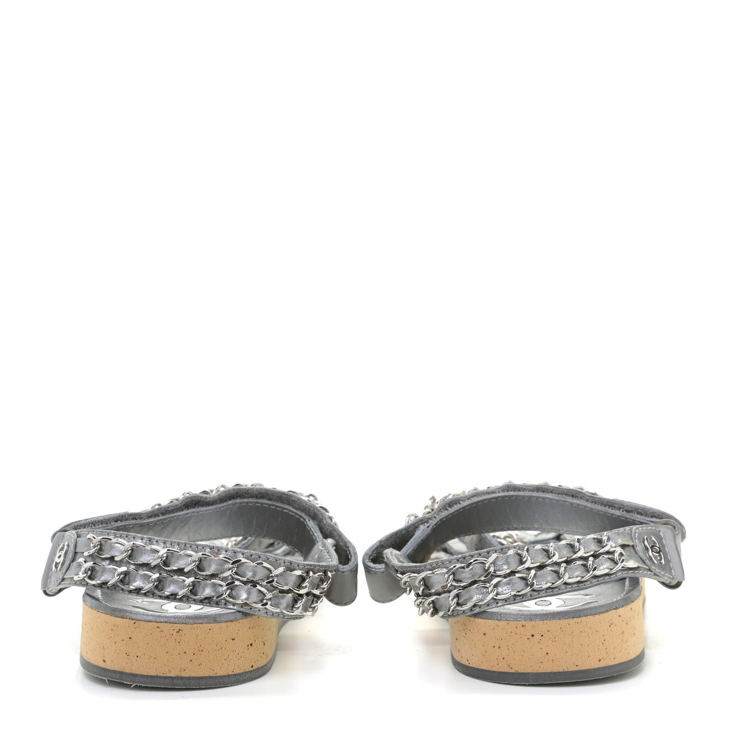 Metallic Calfskin Chain Flat Sandals 38 Silver