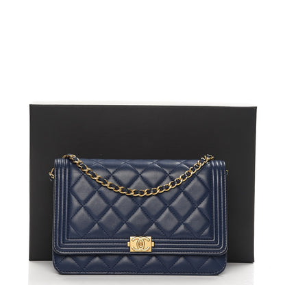 Chanel Lambskin Quilted Boy Wallet On Chain WOC Blue 10 of 10