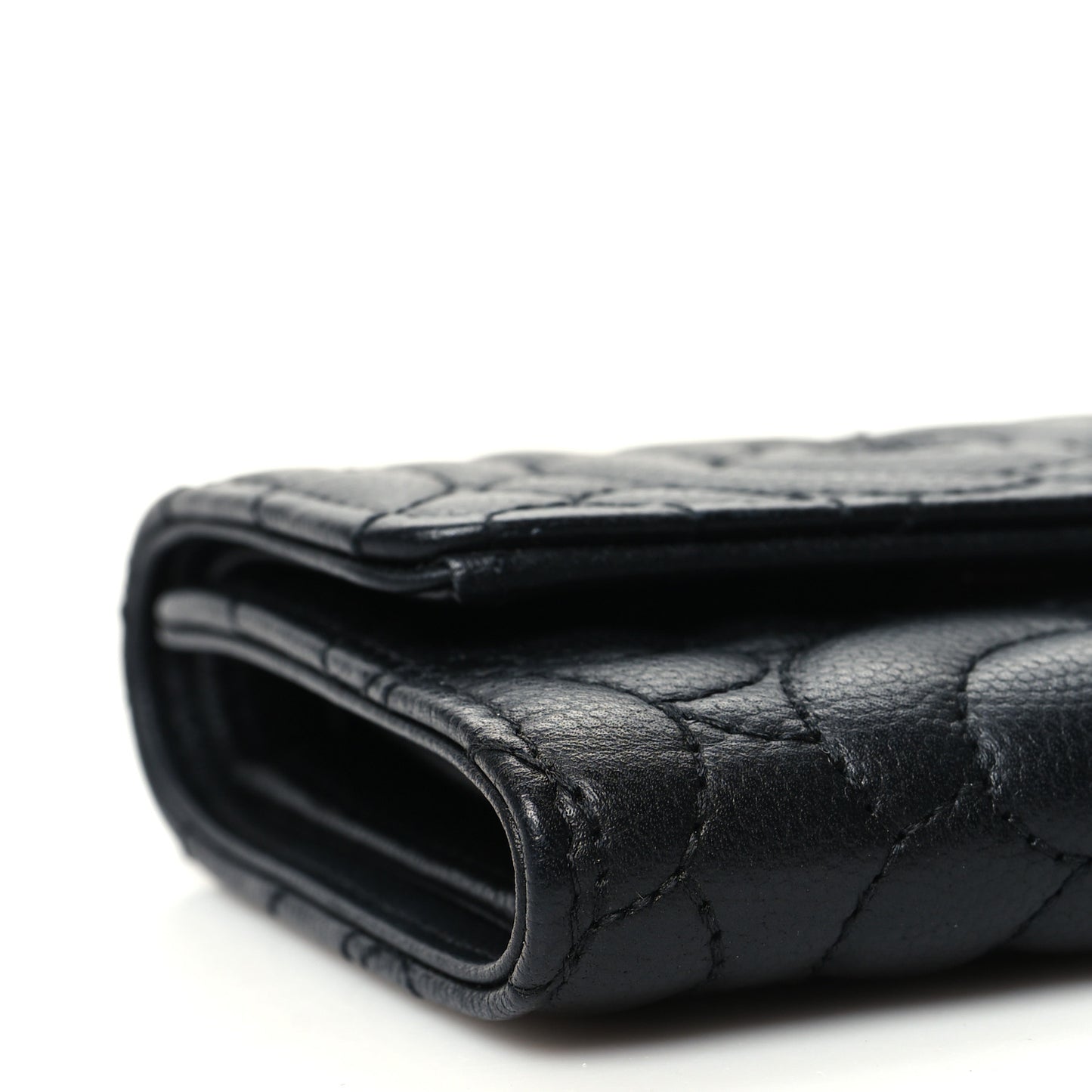 Caviar Camellia Embossed Compact Wallet Black