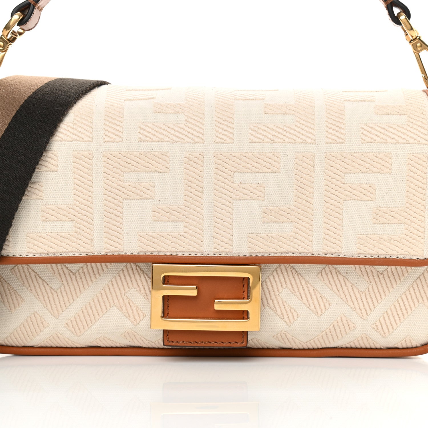 Fendi Canvas Vitello King Bi-Color Strap FF Embroidered Baguette Grezzo Brandy Cuoio 8 of 13
