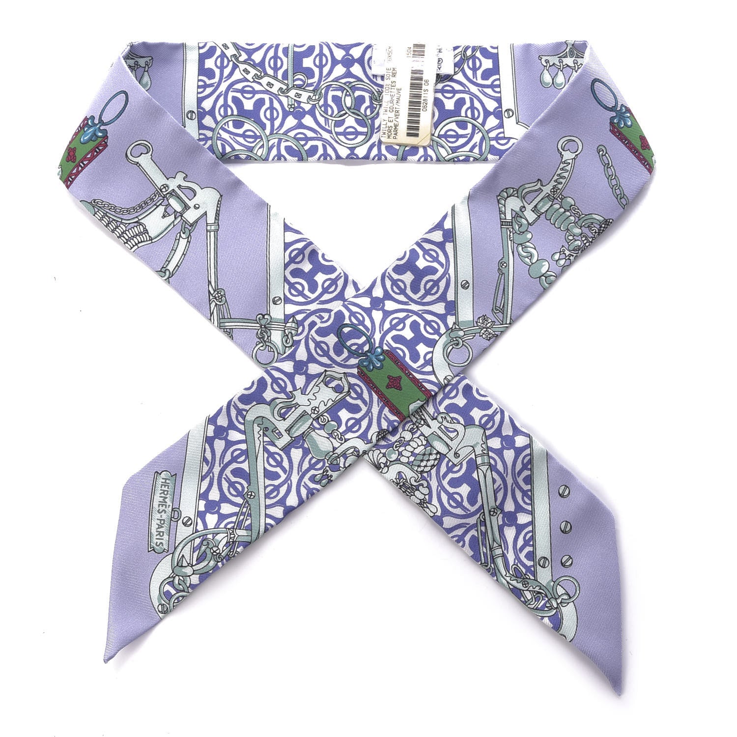 Hermes Silk Mors Et Gourmettes Remix Twilly Parme Vert Mauve 1 of 4