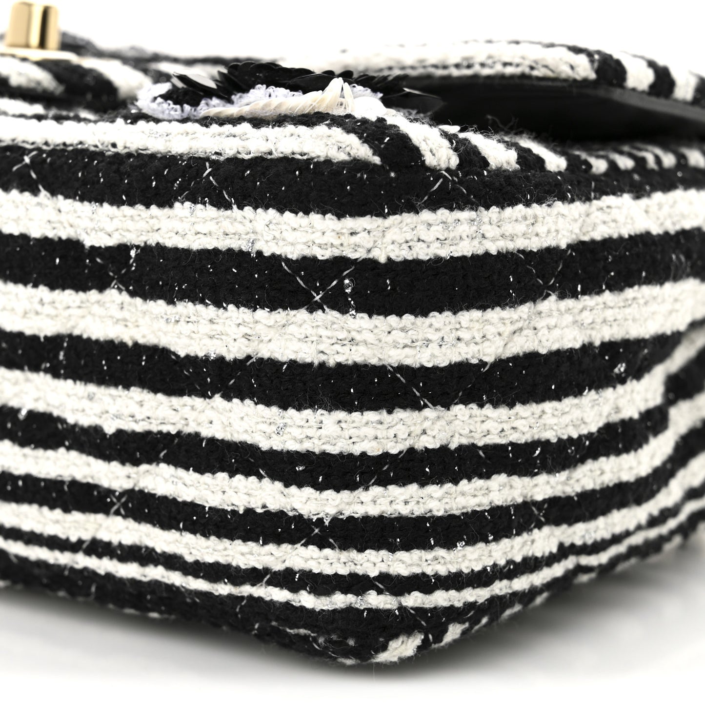 Striped Tweed Sequin Quilted Camellia Embellished Mini Rectangular Flap Ecru Black