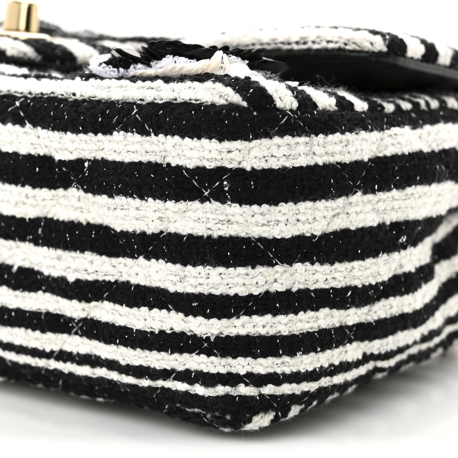Chanel Striped Tweed Sequin Quilted Camellia Embellished Mini Rectangular Flap Ecru Black 10 of 11