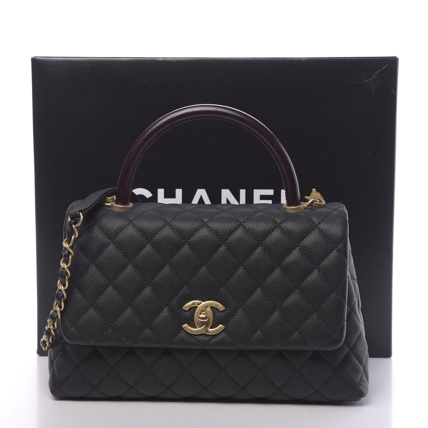 Caviar Lizard Embossed Quilted Small Coco Handle Flap Black