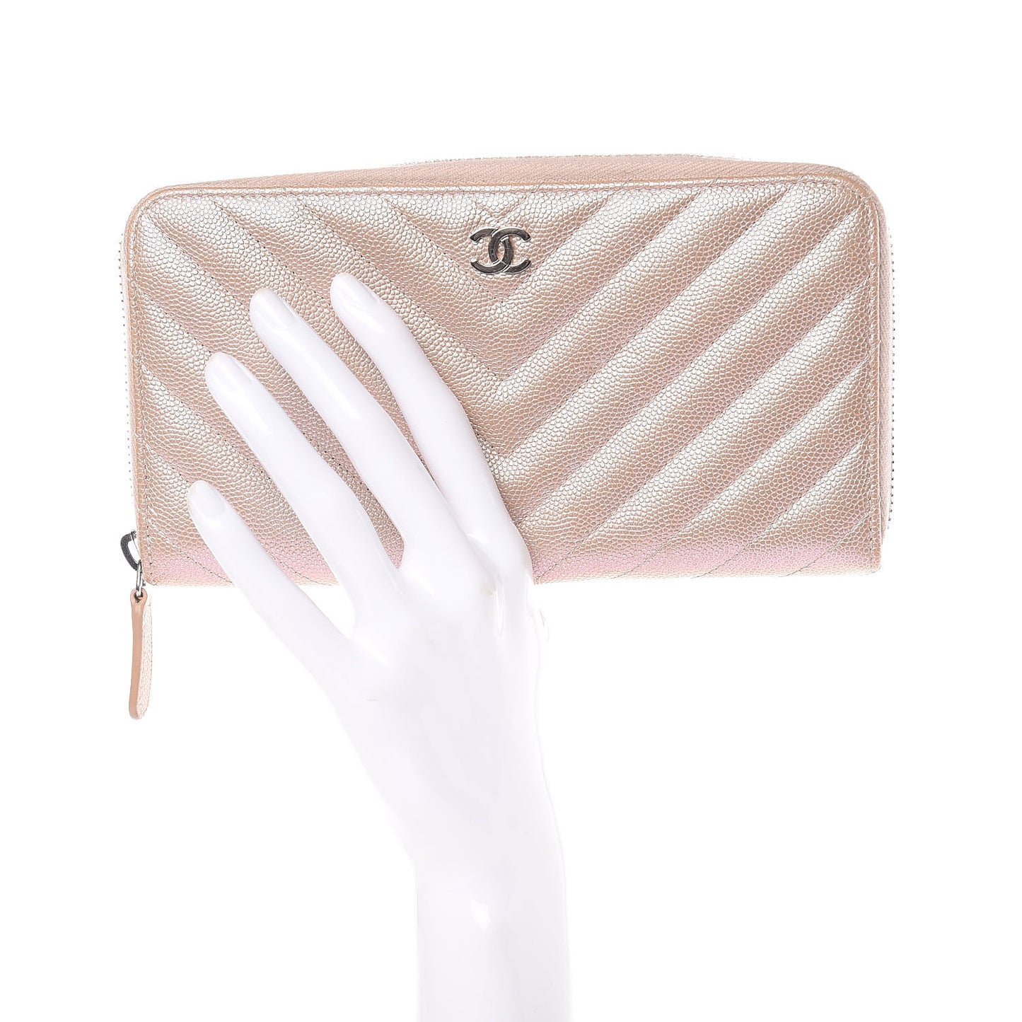 Metallic Caviar Chevron Quilted Zip Around Wallet Light Gold