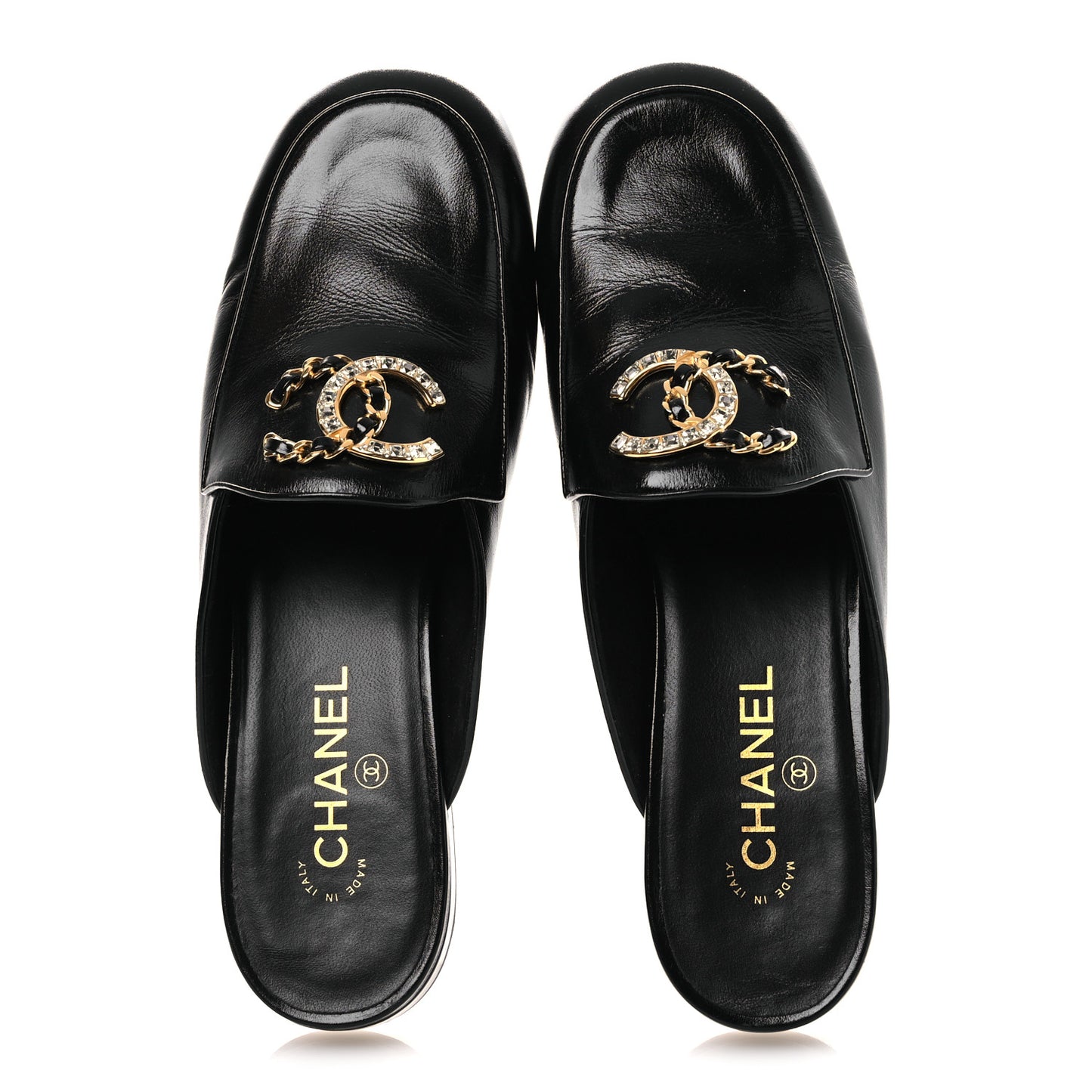 Shiny Calfskin Crystal CC Mules 41 Black