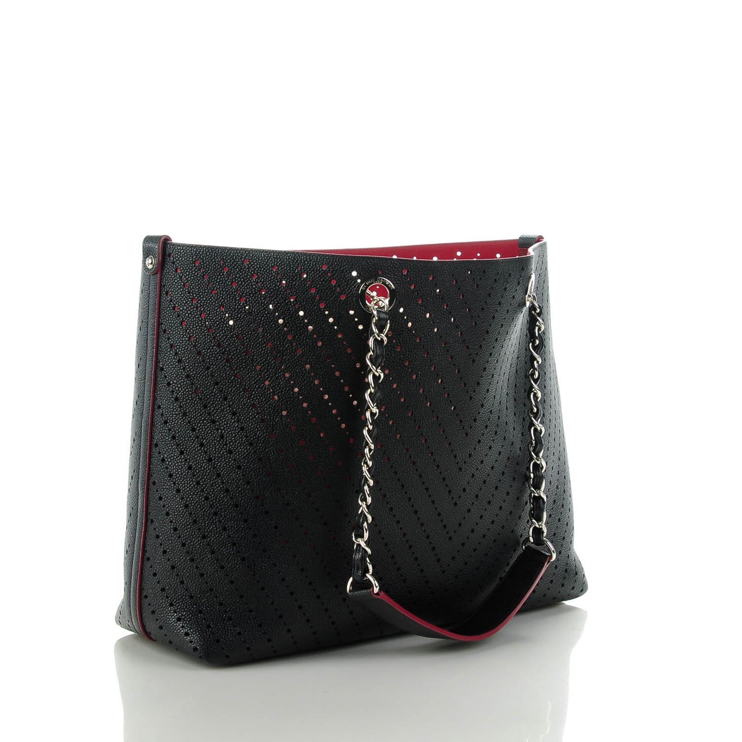 Perforated Grained Calfskin Large Shopping Tote Black