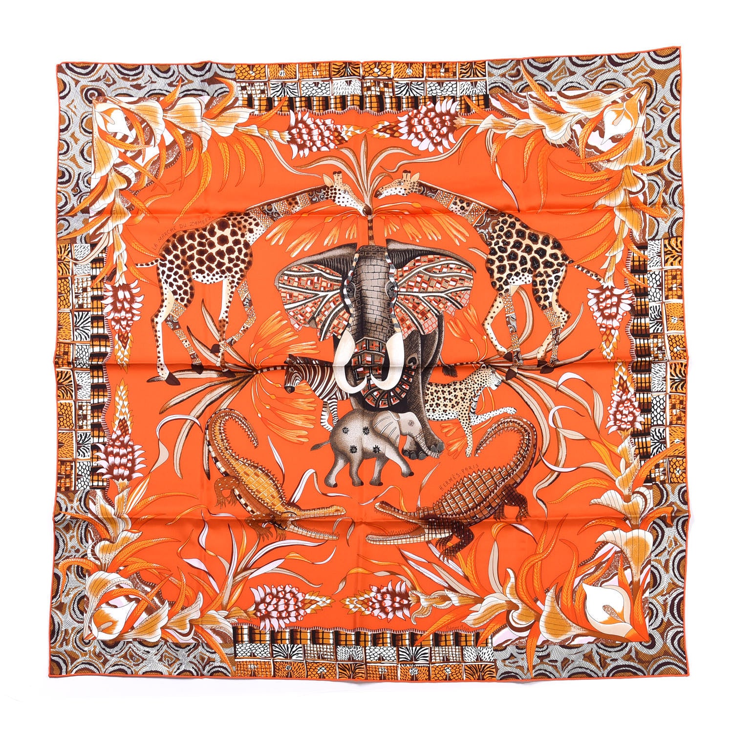 Hermes Silk La Marche Du Zambeze Scarf 90 Orange Brun Caramel 1 of 4