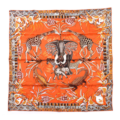 Hermes Silk La Marche Du Zambeze Scarf 90 Orange Brun Caramel 1 of 4
