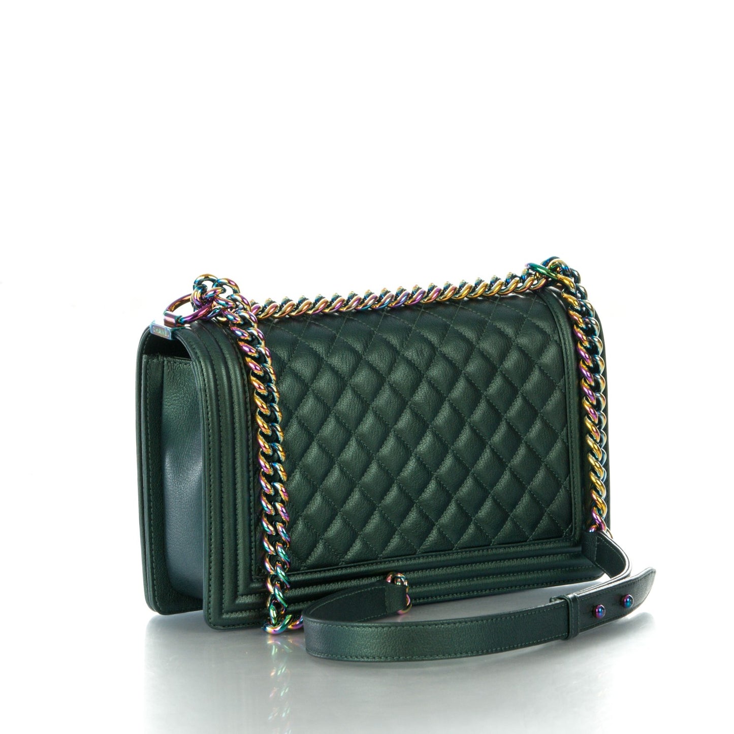 Iridescent Goatskin Quilted New Medium Boy Flap Green