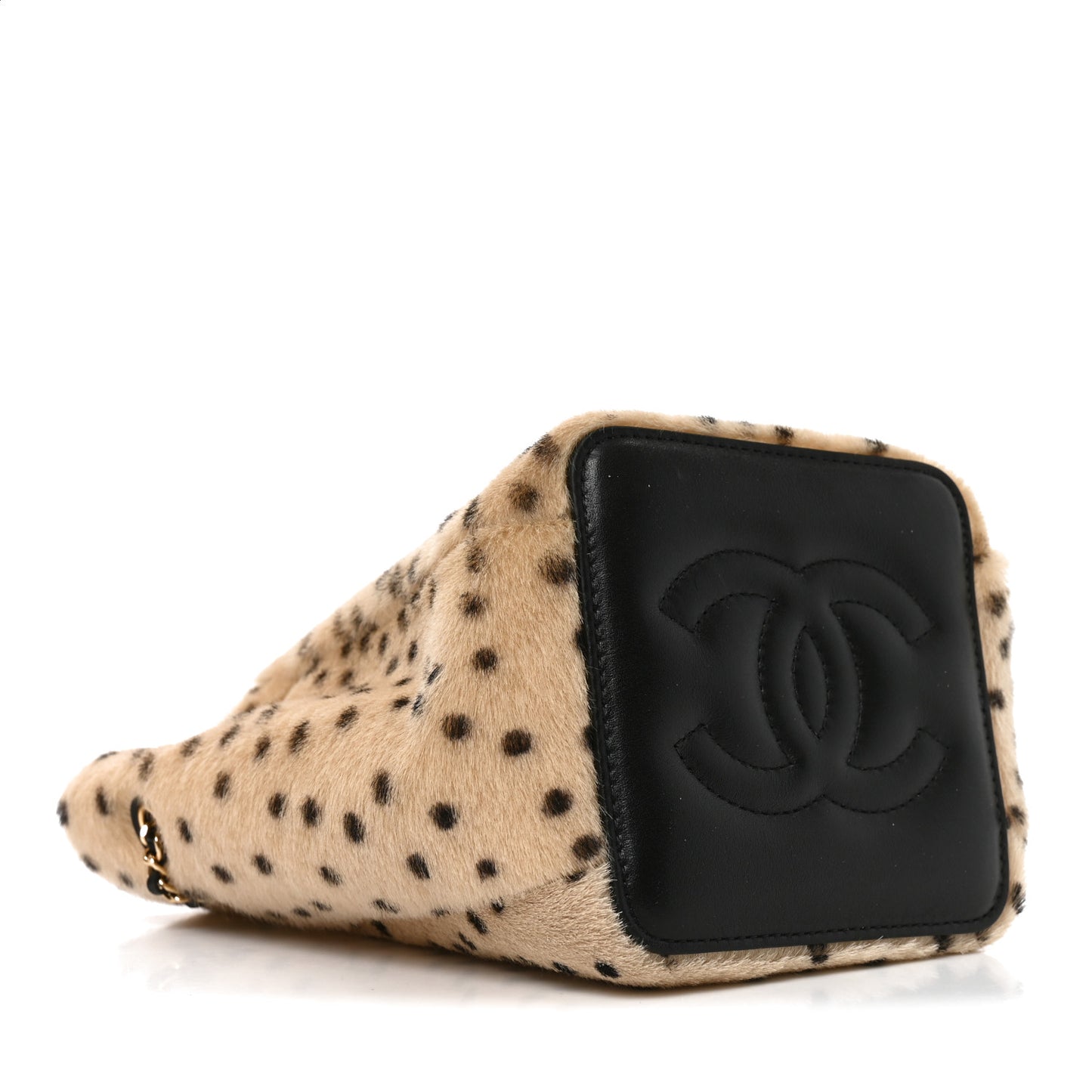 Pony Hair Cheetah Printed CC Chain Bucket Bag Light Beige Black