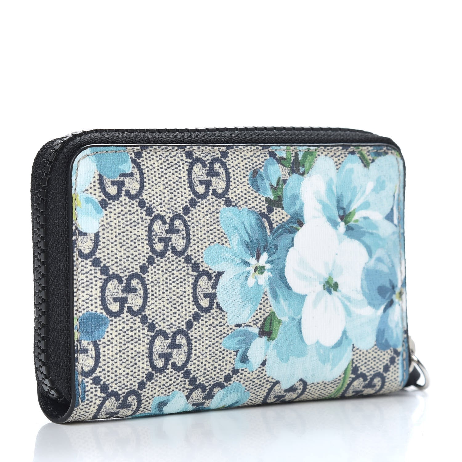 Gucci GG Supreme Monogram Blooms Zip Around Card Case Wallet Beige Blue Navy 3 of 9