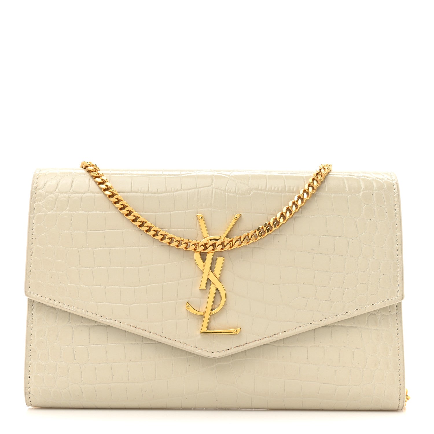 Saint Laurent Calfskin Crocodile Embossed Monogram Uptown Chain Wallet Crema Soft 1 of 15
