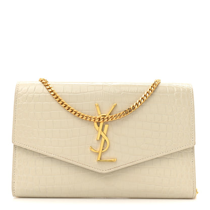 Saint Laurent Calfskin Crocodile Embossed Monogram Uptown Chain Wallet Crema Soft 1 of 15