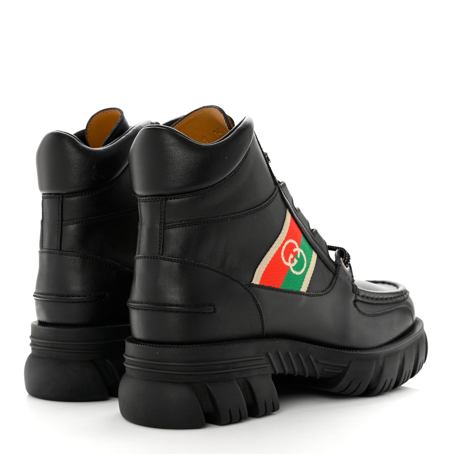 Gucci Quebec Calfskin Web Mens Interlocking G Lace Up Combat Boots 9 Black Mystic White Green Red 4 of 9