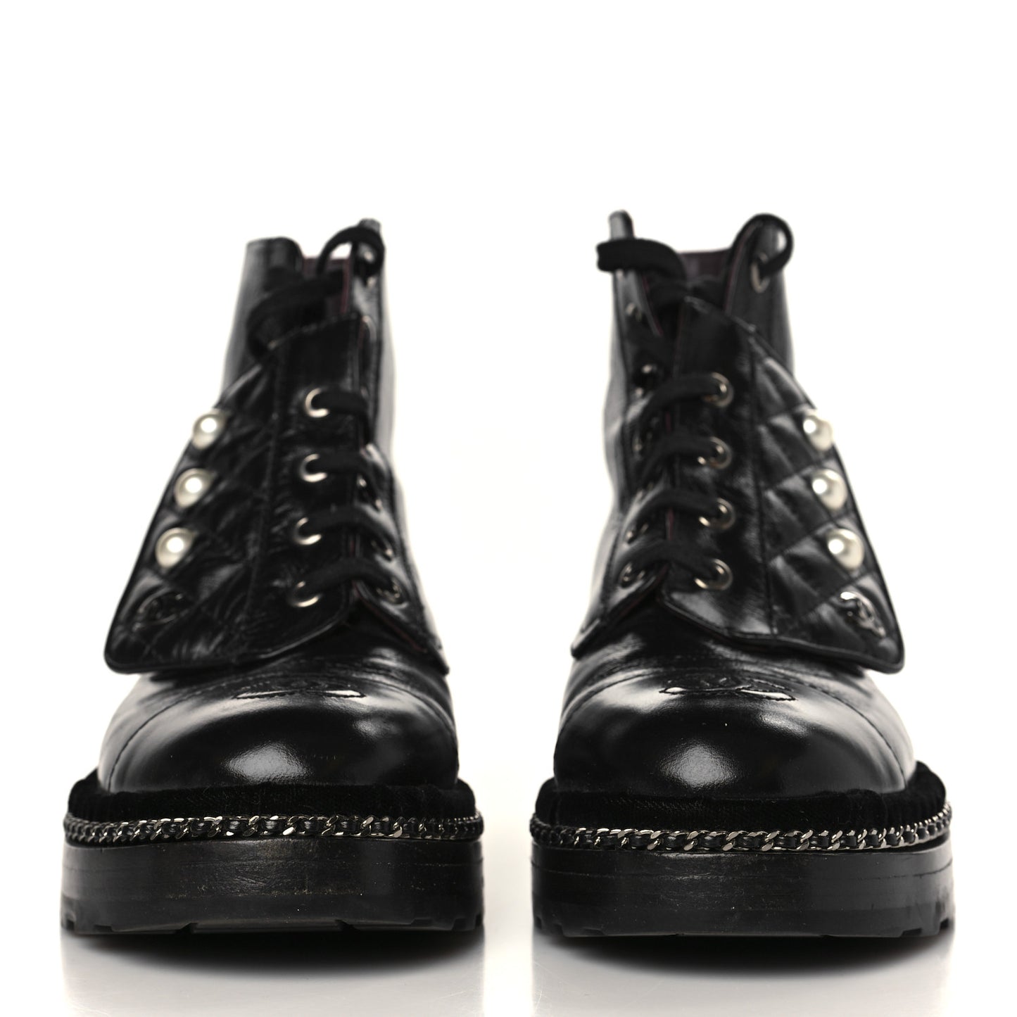 Crackled Calfskin Velvet Pearl Combat Short Boots 37 Black