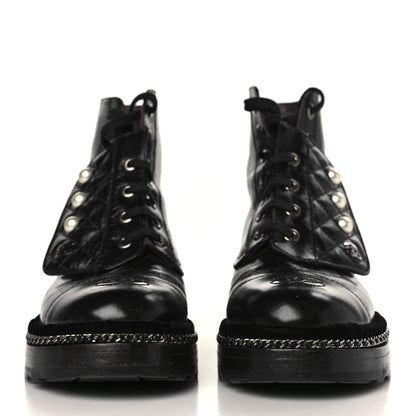 Chanel Crackled Calfskin Velvet Pearl Combat Short Boots 37 Black 2 of 9