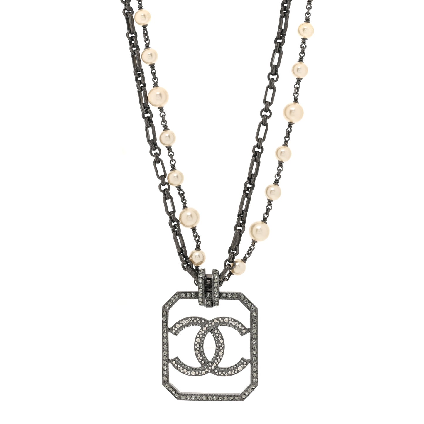 Pearl Crystal CC Double Strand Necklace Ruthenium