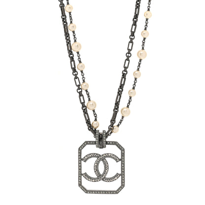Chanel Pearl Crystal CC Double Strand Necklace Ruthenium 1 of 6
