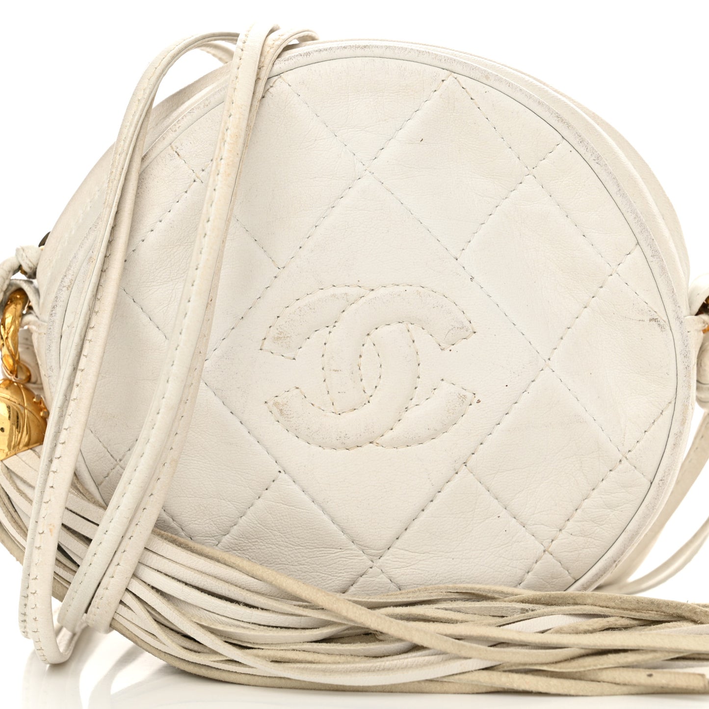 Lambskin Quilted Round Tassel Crossbody Bag White