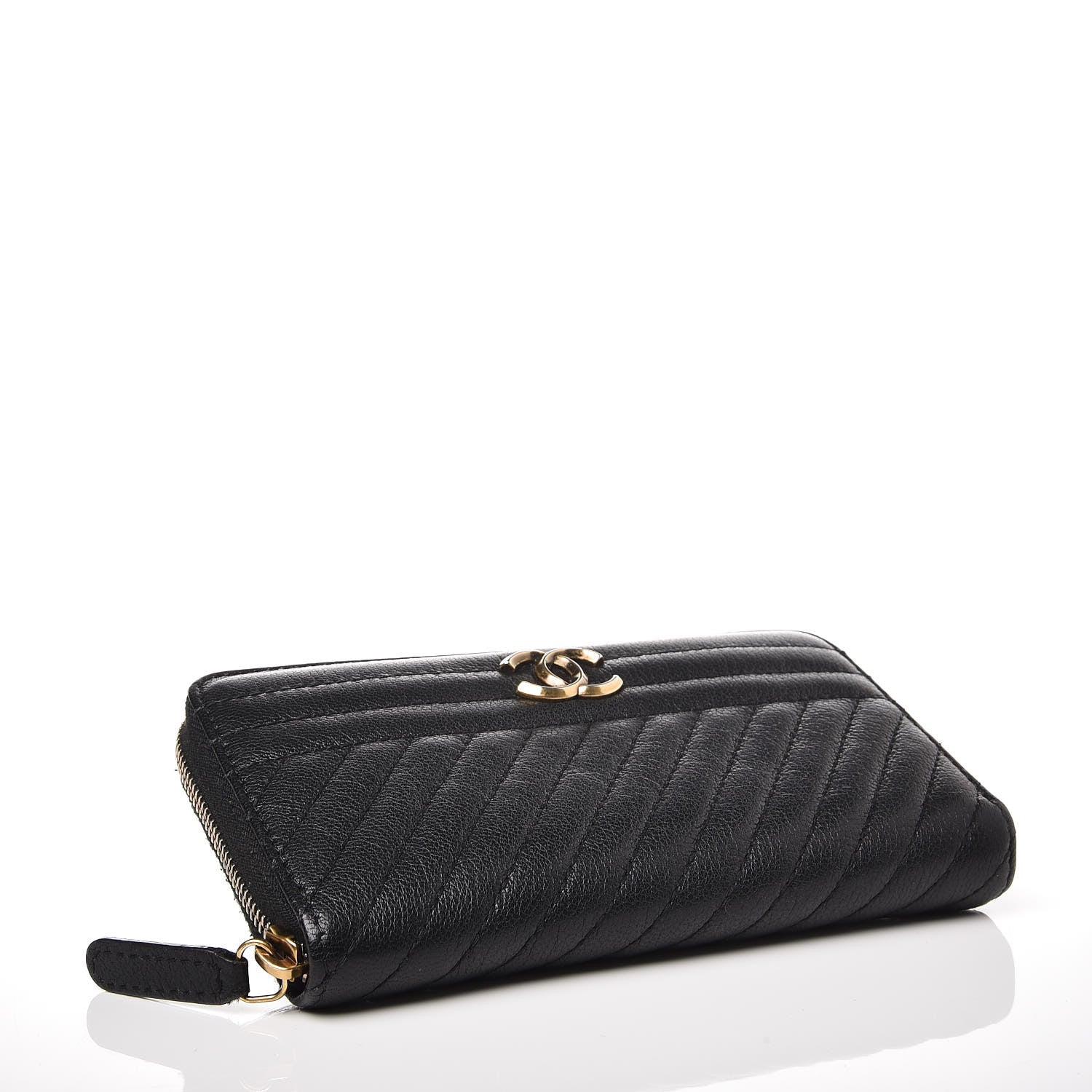 Chanel Shiny Goatskin Diagonal Quilted Small Zip Around Wallet Black 4 of 8
