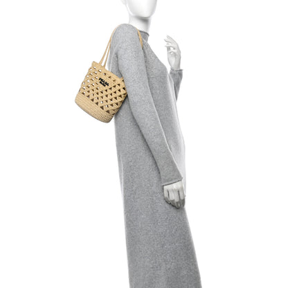 Prada Yarn Raffia Effect Crochet Embroidered Mini  Logo Tote Naturale 2 of 11