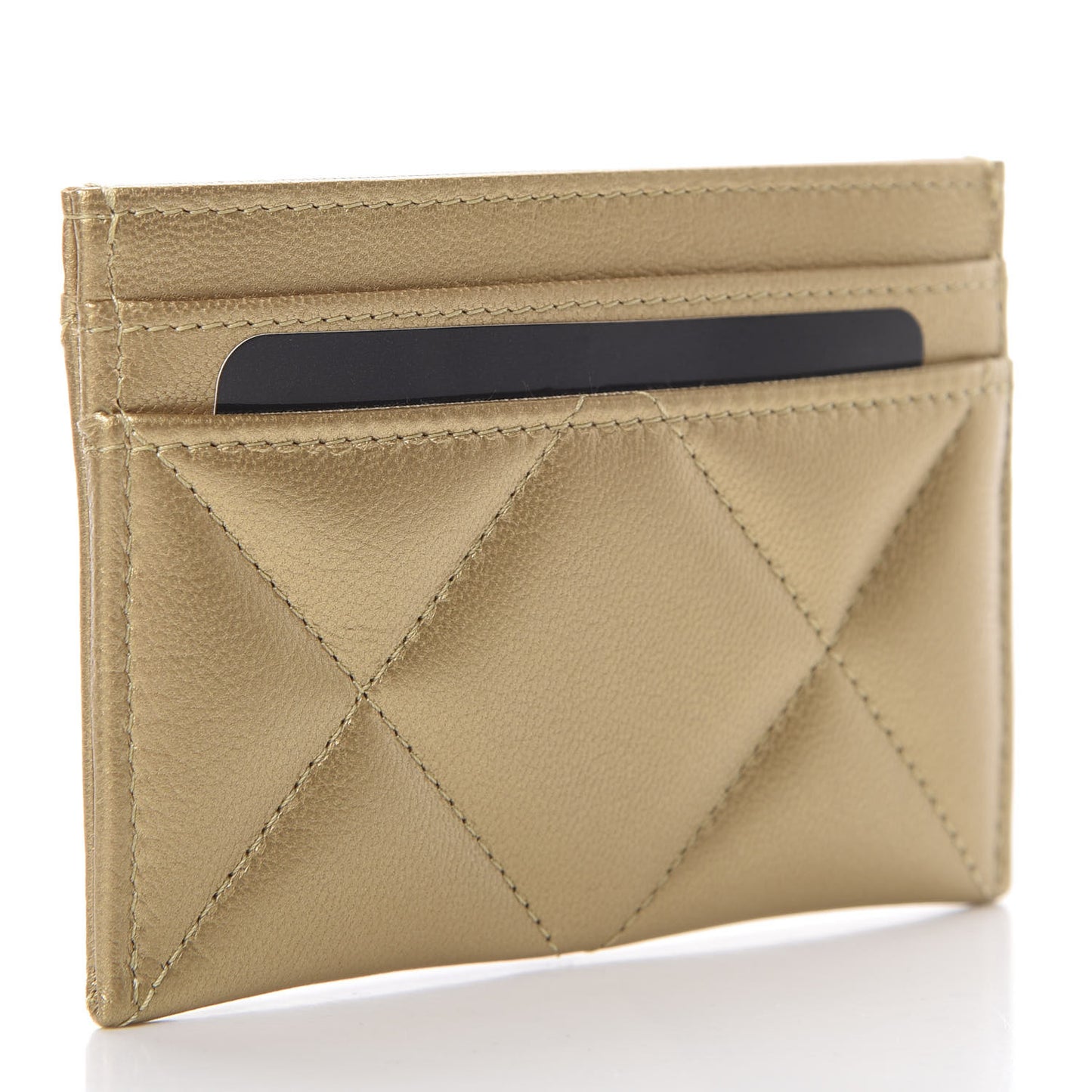 Metallic Goatskin Quilted Chanel 19 Card Holder Gold